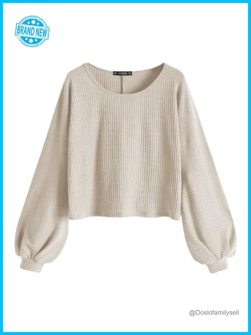 Ribbed Knit Cropped Sweater Drop Shoulder Lantern Sleeve Pullover
